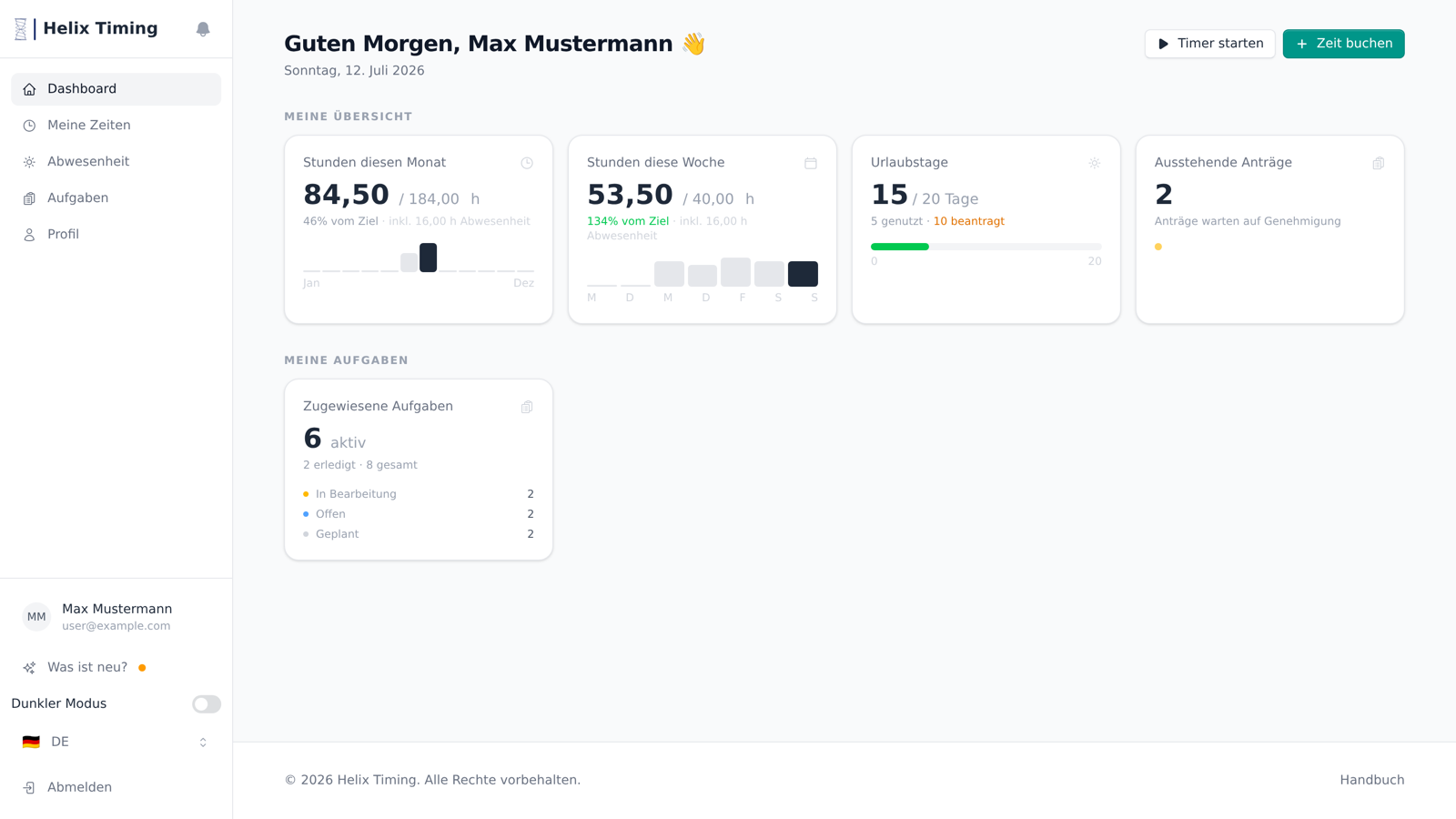 Persönliches Dashboard mit Monats- und Wochenstunden, Urlaubstagen und offenen Anträgen