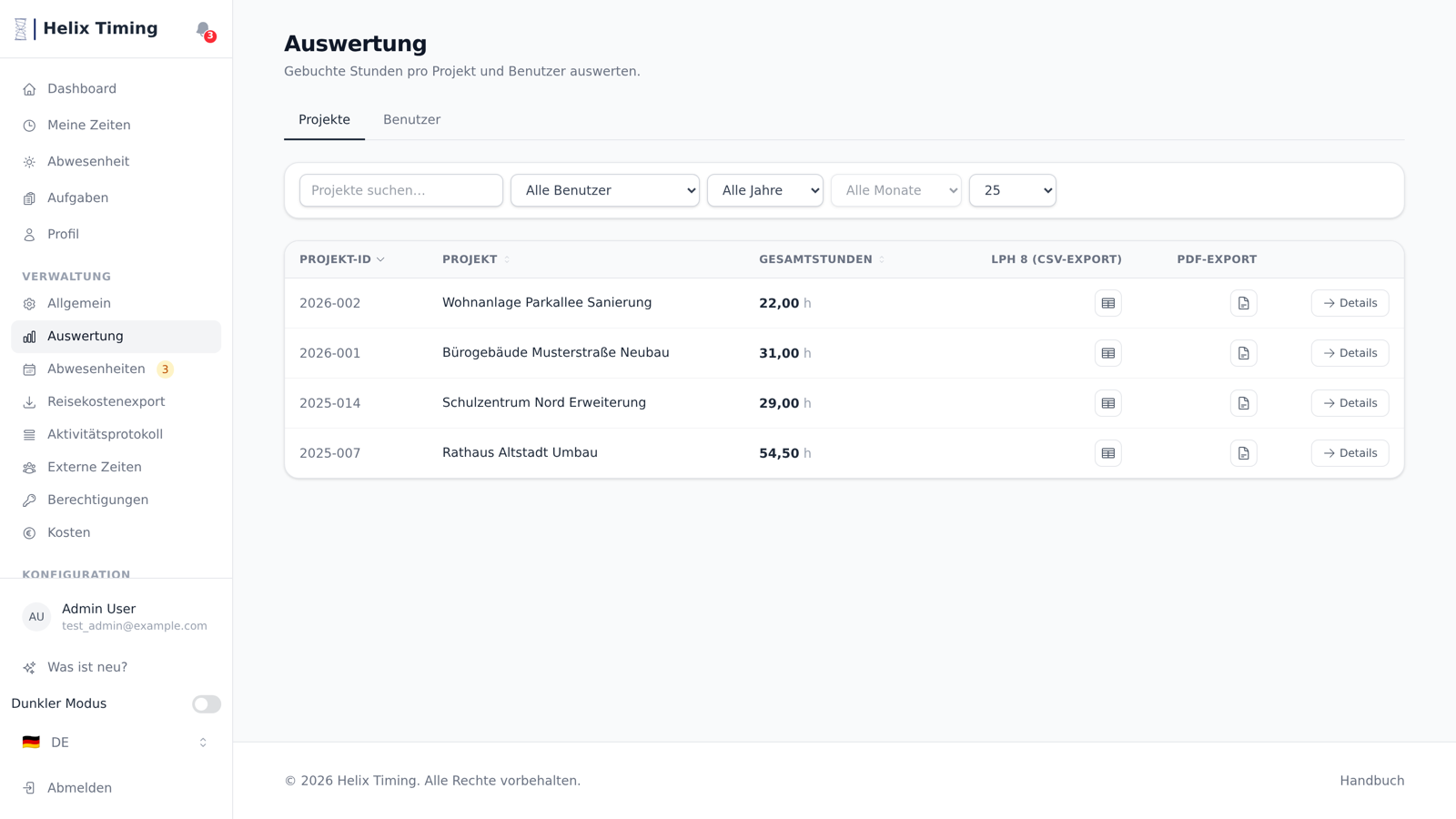 Projektauswertung: gebuchte Stunden pro Projekt mit CSV- und PDF-Export